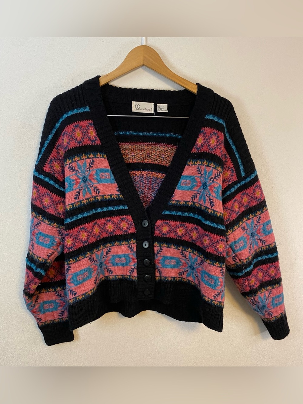 OS International Cardigan 1990’s Vintage Color Block‎ Paisley Knit Wool Medium